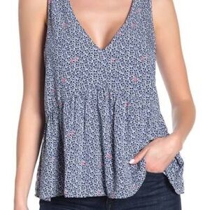 J Crew Mercantile Empire Blue White Floral Blouse